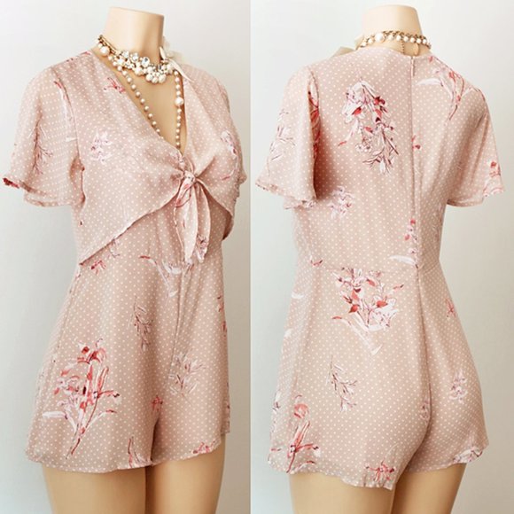 NEW Beige Polka Dots Short Sleeve Tie Front Romper - Picture 2 of 10